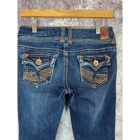 Wallflower Jeans Womens 1 Blue Flared Low Rise Embroidered Y2k Boho Angel Wings - Picture 4 of 14